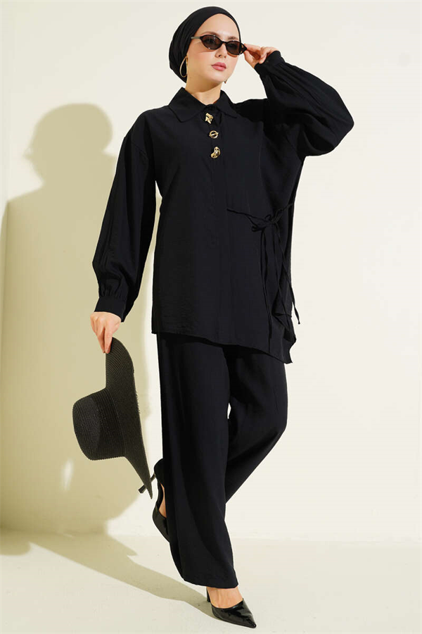 Gold Detailed 2 Piece Set with Tie, Black