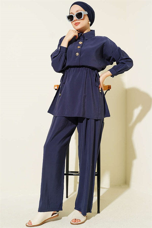 Navy Blue 2 Piece Set with Gold Button Detail and Waist Tunnel