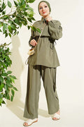 2 Piece Set with Gold Button Detail and Waistband in Khaki