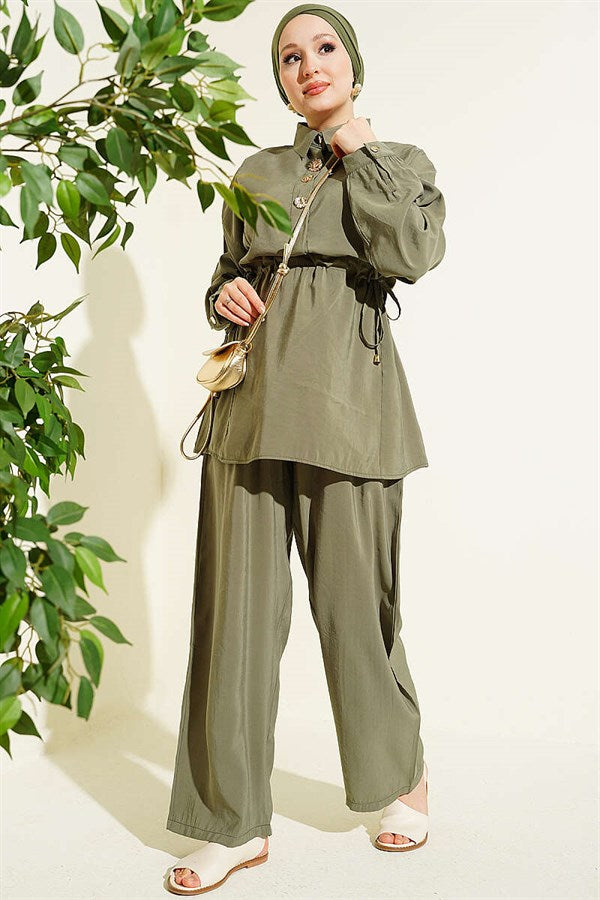 2 Piece Set with Gold Button Detail and Waistband in Khaki