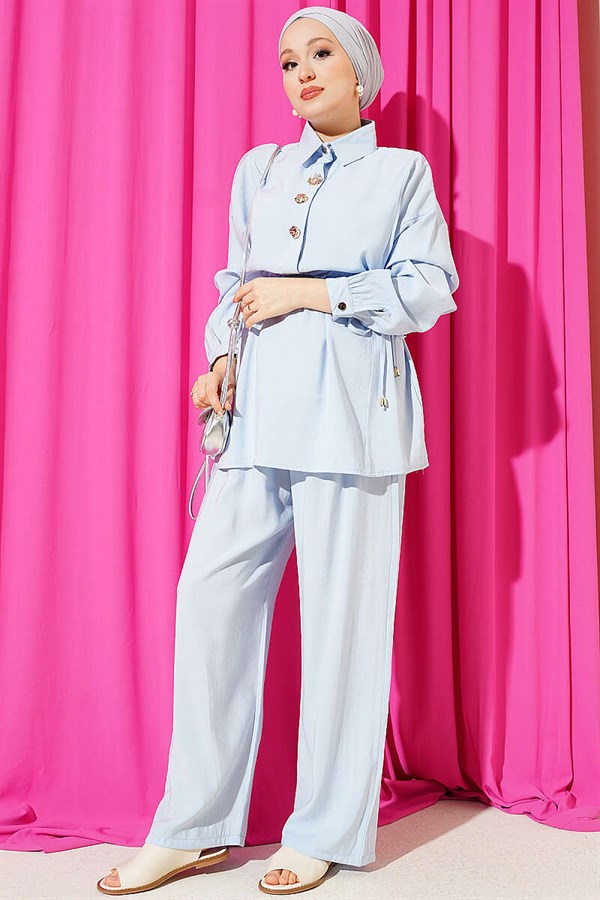 2 Piece Set with Gold Button Detail and Waistband, Blue