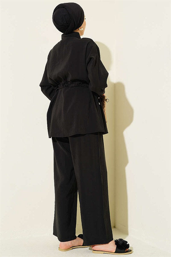 2 Piece Set with Gold Button Detail and Waistband, Black