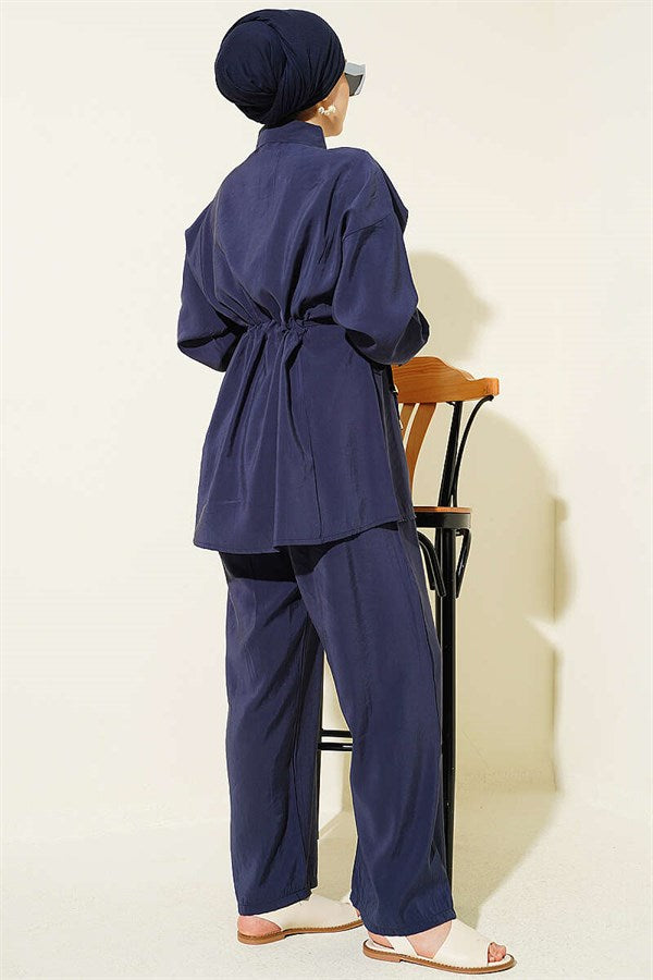 Navy Blue 2 Piece Set with Gold Button Detail and Waist Tunnel