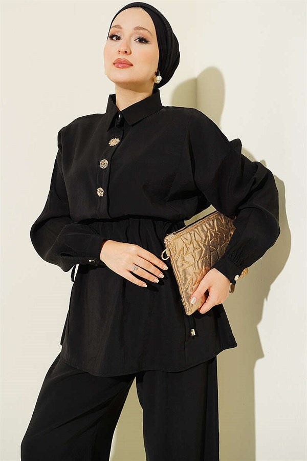 2 Piece Set with Gold Button Detail and Waistband, Black