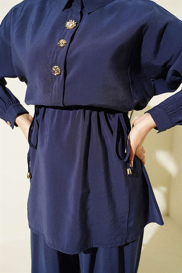 Navy Blue 2 Piece Set with Gold Button Detail and Waist Tunnel