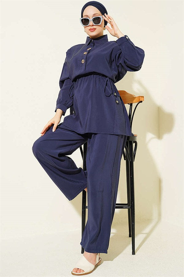 Navy Blue 2 Piece Set with Gold Button Detail and Waist Tunnel