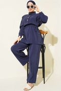 Navy Blue 2 Piece Set with Gold Button Detail and Waist Tunnel