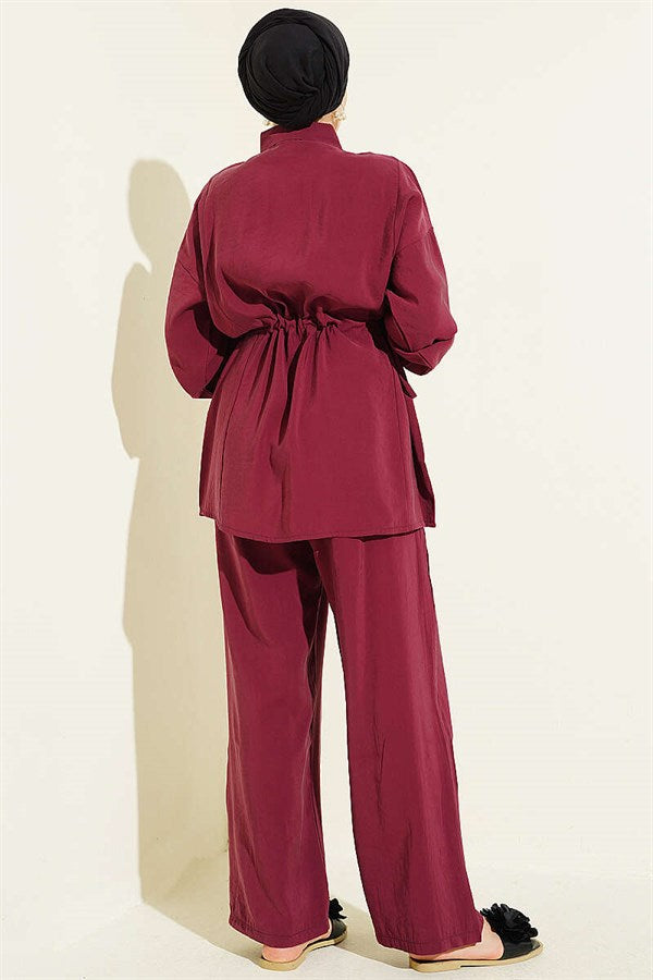 2 Piece Set with Gold Button Detail and Waistline, Burgundy