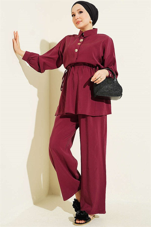 2 Piece Set with Gold Button Detail and Waistline, Burgundy