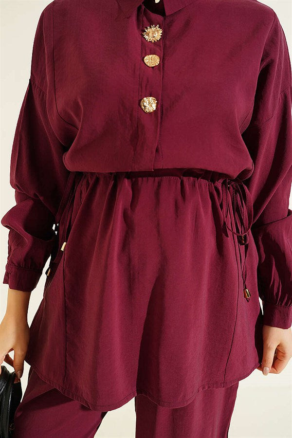 2 Piece Set with Gold Button Detail and Waistline, Burgundy