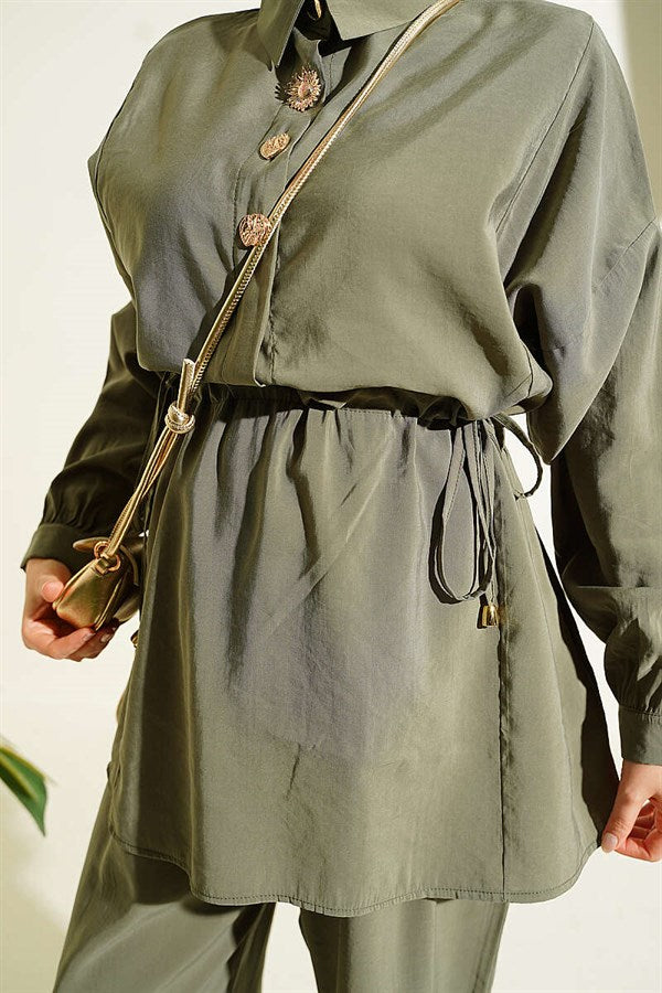 2 Piece Set with Gold Button Detail and Waistband in Khaki