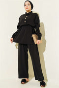 2 Piece Set with Gold Button Detail and Waistband, Black