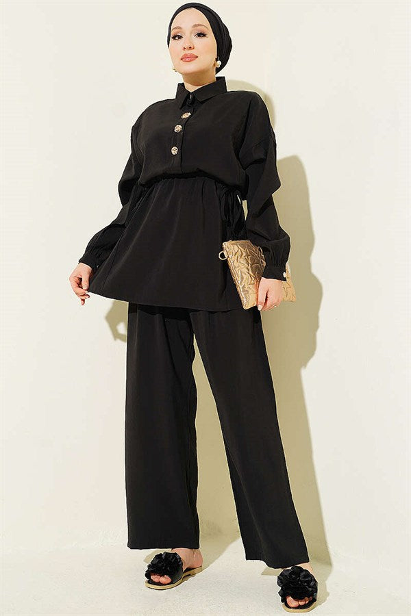 2 Piece Set with Gold Button Detail and Waistband, Black