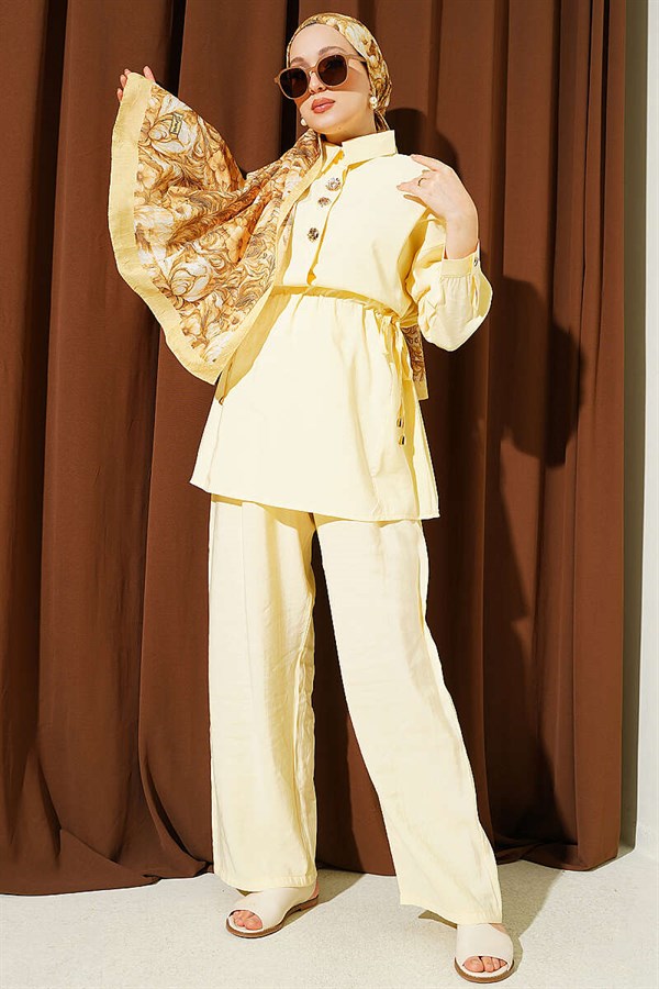 2 Piece Set with Gold Button Detail and Waistband, Yellow