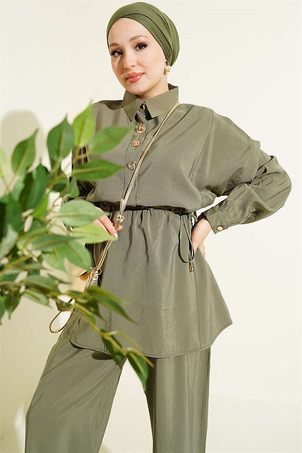 2 Piece Set with Gold Button Detail and Waistband in Khaki