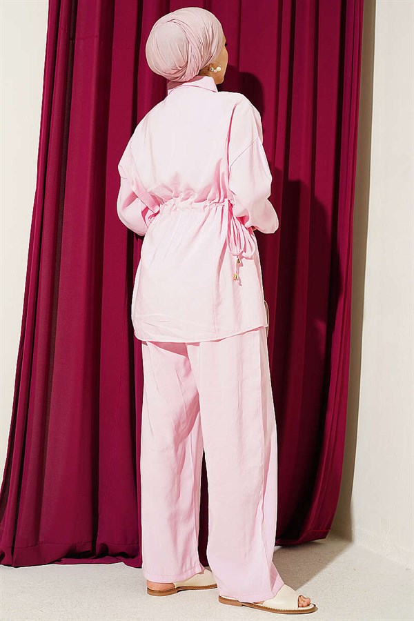 Pink 2 Piece Set with Gold Button Detail and Waist Tunnel