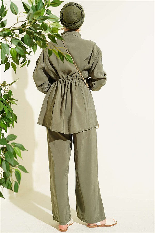 2 Piece Set with Gold Button Detail and Waistband in Khaki