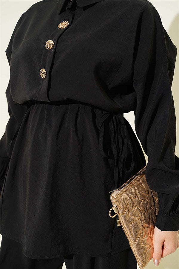 2 Piece Set with Gold Button Detail and Waistband, Black