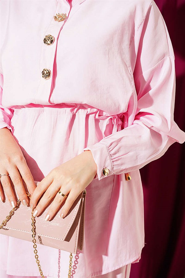 Pink 2 Piece Set with Gold Button Detail and Waist Tunnel