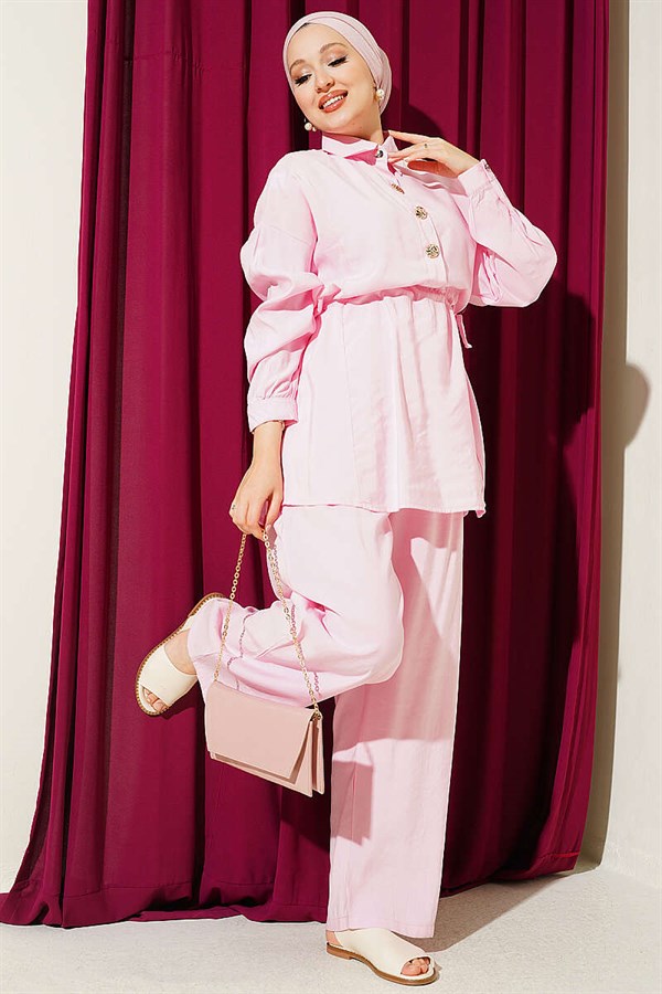 Pink 2 Piece Set with Gold Button Detail and Waist Tunnel