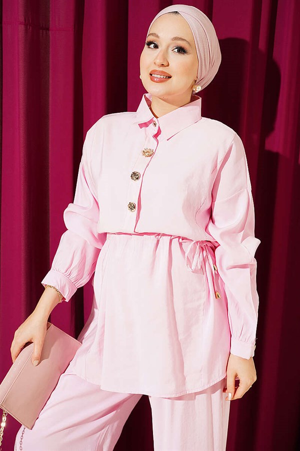 Pink 2 Piece Set with Gold Button Detail and Waist Tunnel