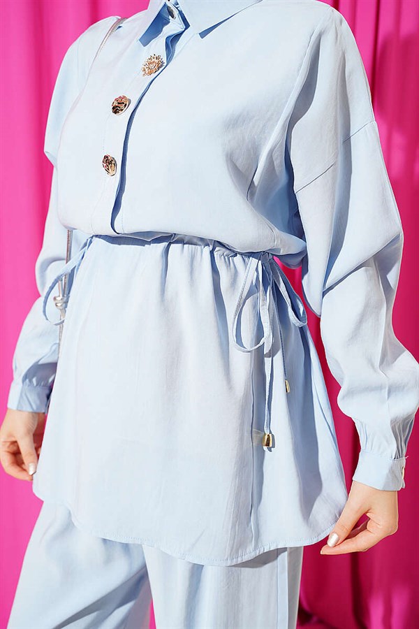 2 Piece Set with Gold Button Detail and Waistband, Blue
