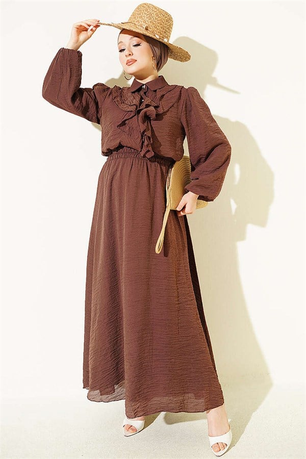 Two-Piece Set with Gold Button Detail and Ruffled Skirt, Coffee Color
