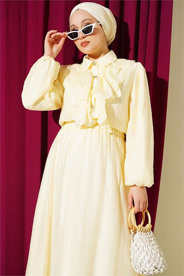 Two-Piece Set with Gold Button Detail and Ruffled Skirt, Yellow