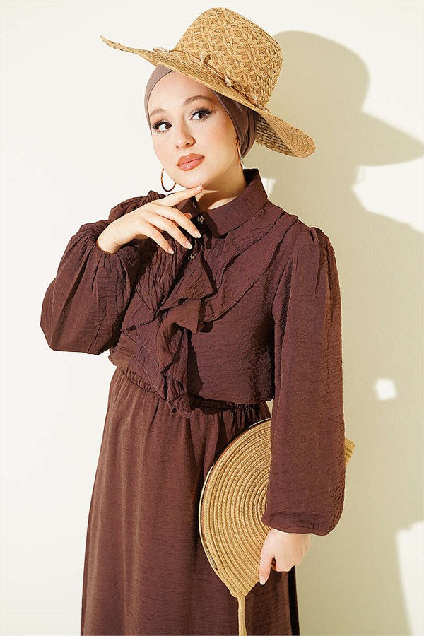 Two-Piece Set with Gold Button Detail and Ruffled Skirt, Coffee Color