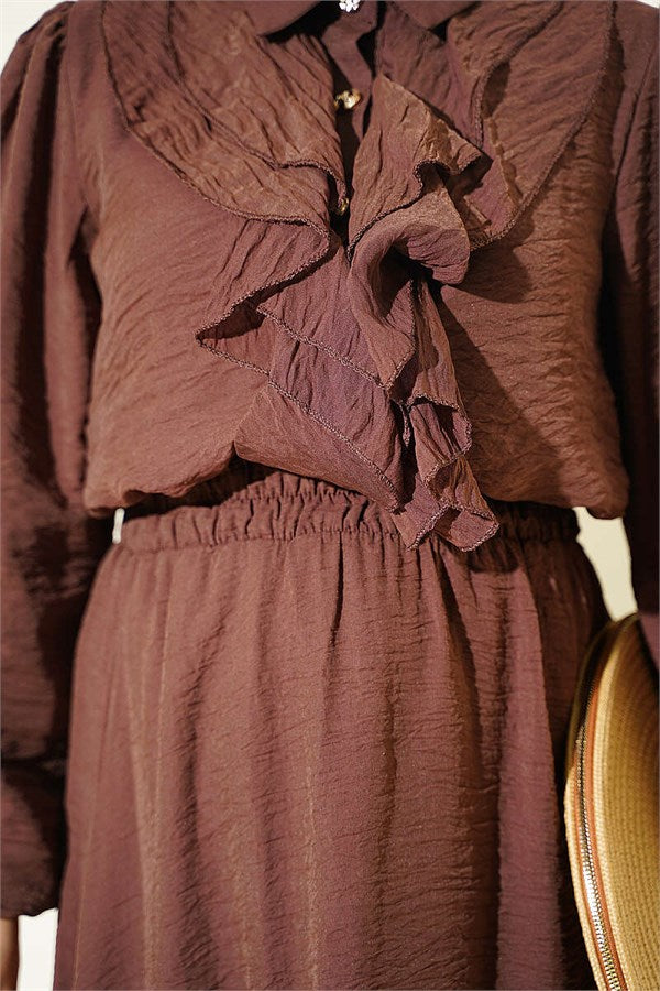 Two-Piece Set with Gold Button Detail and Ruffled Skirt, Coffee Color