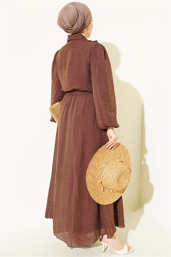 Two-Piece Set with Gold Button Detail and Ruffled Skirt, Coffee Color
