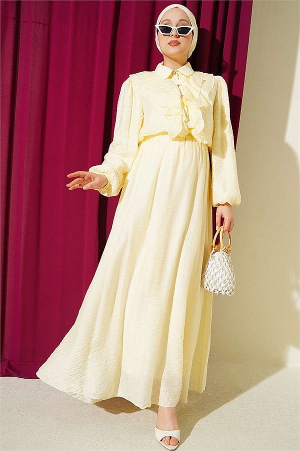 Two-Piece Set with Gold Button Detail and Ruffled Skirt, Yellow