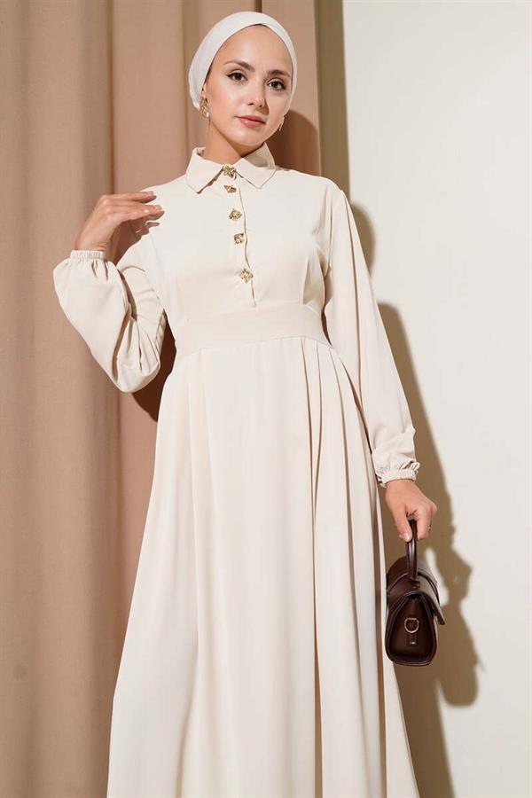 Gold Button Detailed Satin Dress Beige