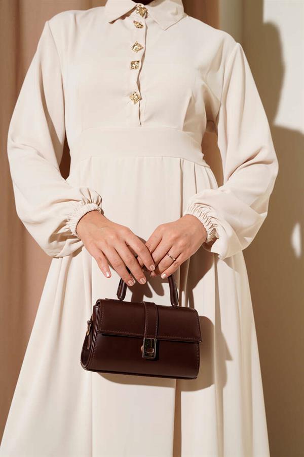 Gold Button Detailed Satin Dress Beige