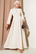Gold Button Detailed Satin Dress Beige
