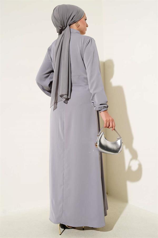 Gold Button Detailed Satin Dress Gray