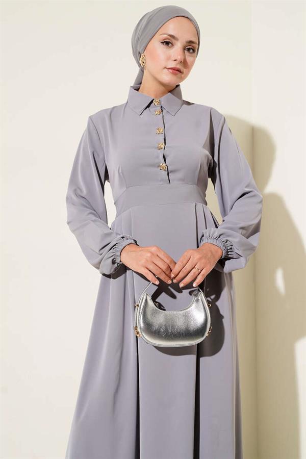 Gold Button Detailed Satin Dress Gray