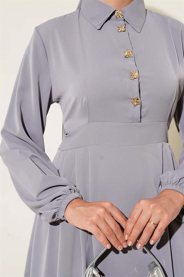Gold Button Detailed Satin Dress Gray