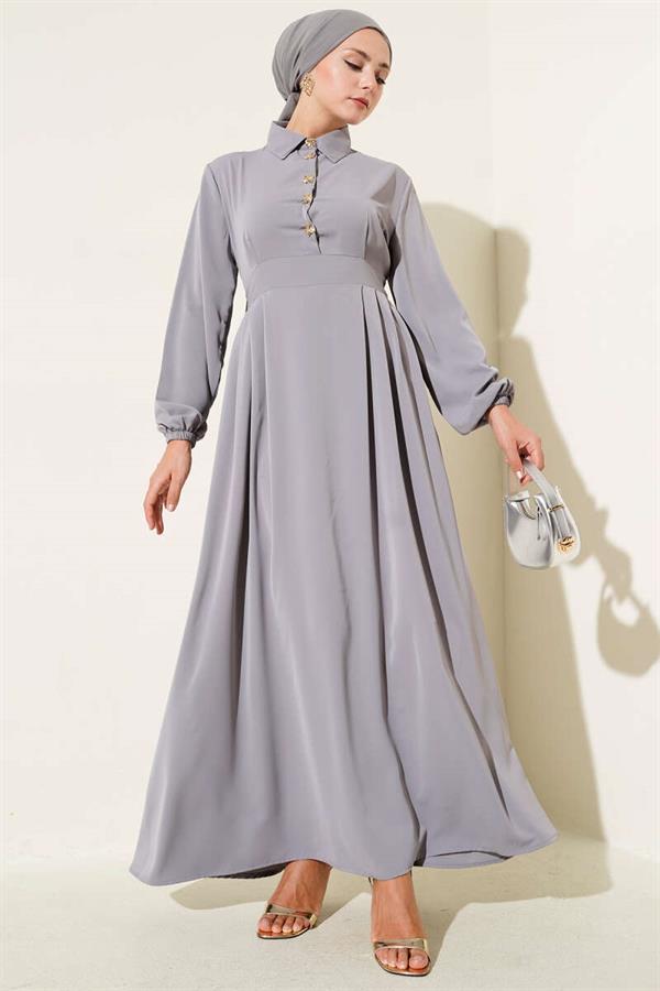 Gold Button Detailed Satin Dress Gray