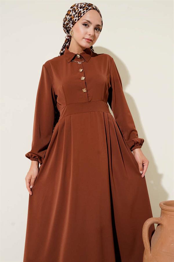 Gold Button Detailed Satin Dress Brown