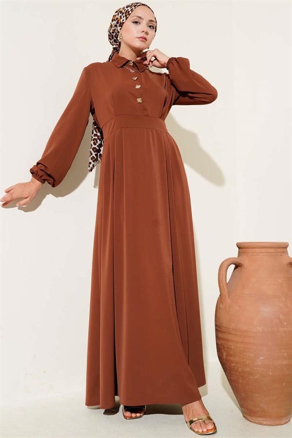 Gold Button Detailed Satin Dress Brown