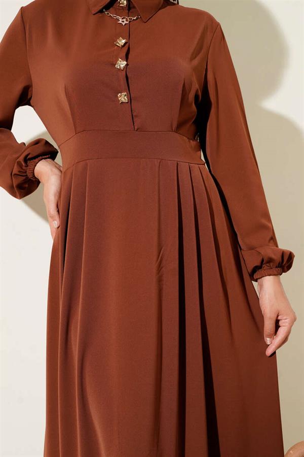Gold Button Detailed Satin Dress Brown