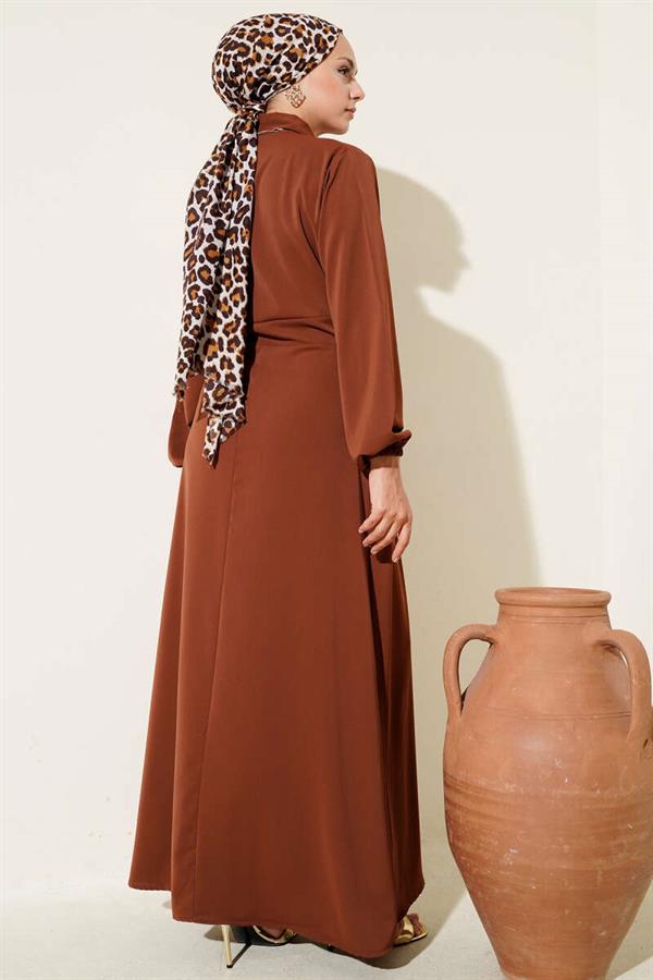 Gold Button Detailed Satin Dress Brown