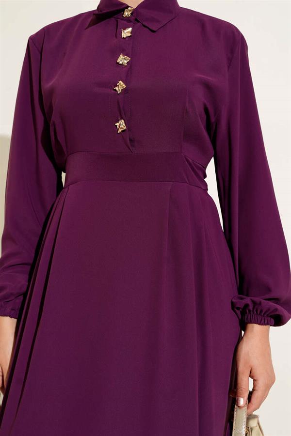 Gold Button Detailed Satin Dress Purple