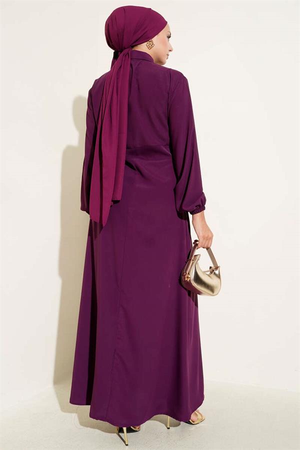 Gold Button Detailed Satin Dress Purple
