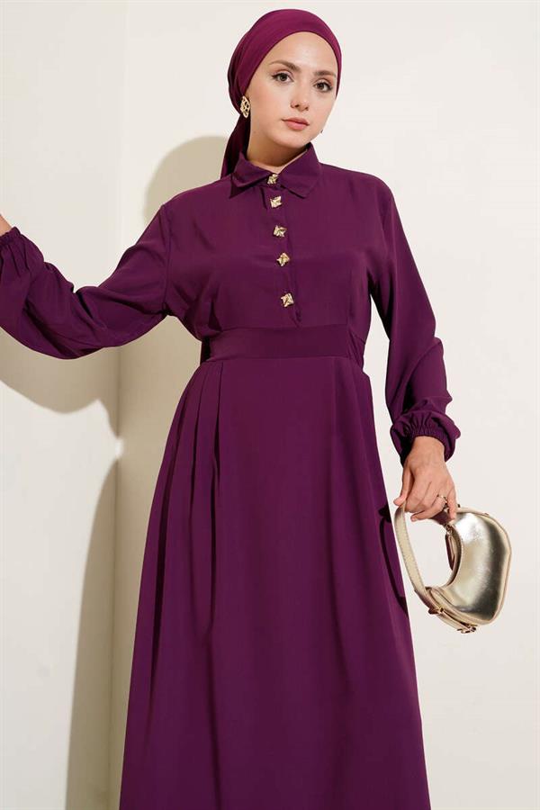 Gold Button Detailed Satin Dress Purple
