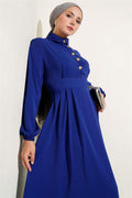 Gold Button Detailed Satin Dress in Saxe