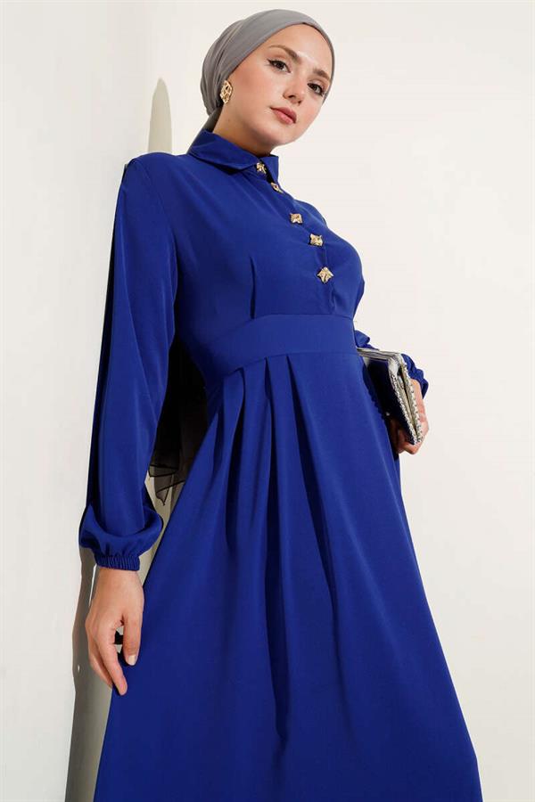 Gold Button Detailed Satin Dress in Saxe