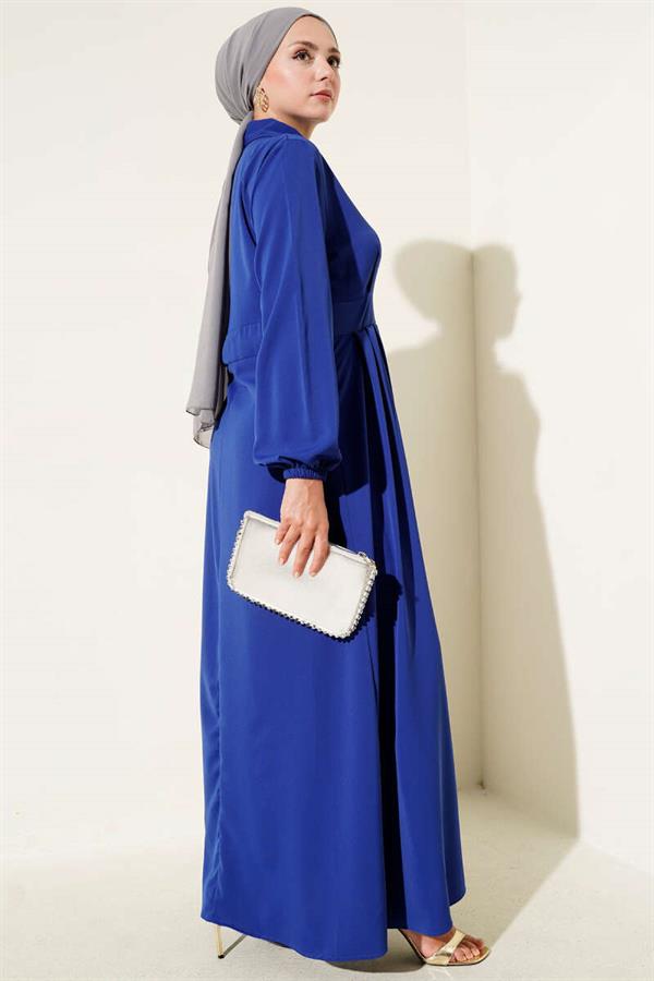 Gold Button Detailed Satin Dress in Saxe