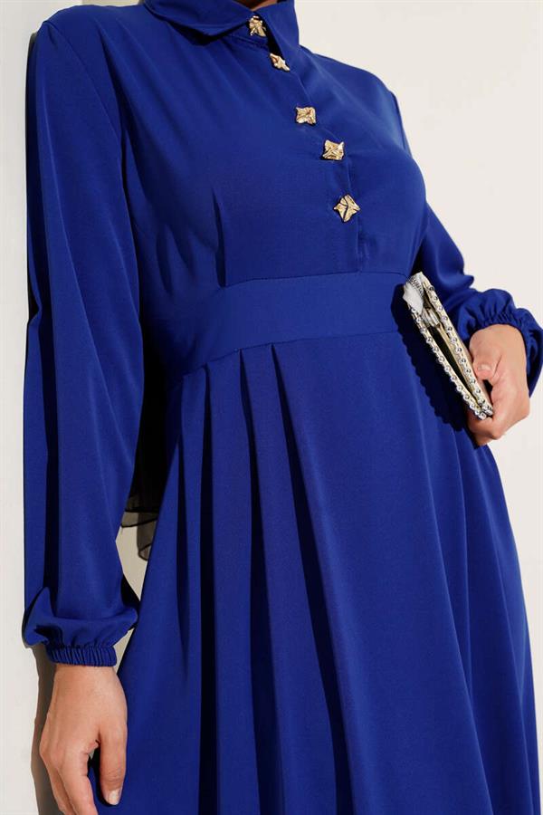 Gold Button Detailed Satin Dress in Saxe